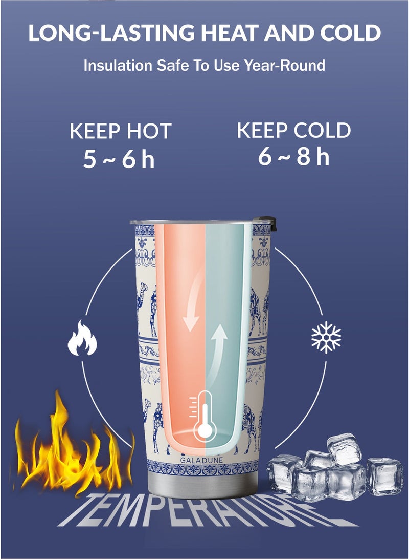 جالادون كوب قهوة للسفر من الفولاذ المقاوم للصدأ بسعة 20 أونصة، كوب حراري معزول بجدار مزدوج بتقنية التفريغ الهوائي مع ماصة وفرشاة تنظيف، كوب قهوة مانع للتسرب للمشروبات الساخنة والباردة، كوب بتصميم الجمل الأزرق، هدية مثالية. - Image 4